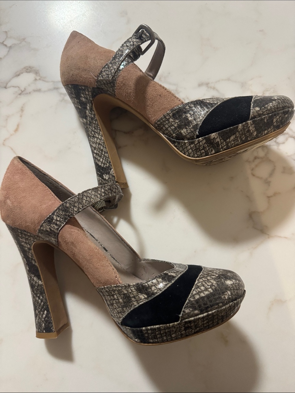 hinge Suede and Snake-Print Mary Jane Heels with Black Strap Detail